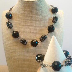 Vintage Barse Sterling Silver & Large Onyx Ball Necklace with Matching Bracelet
